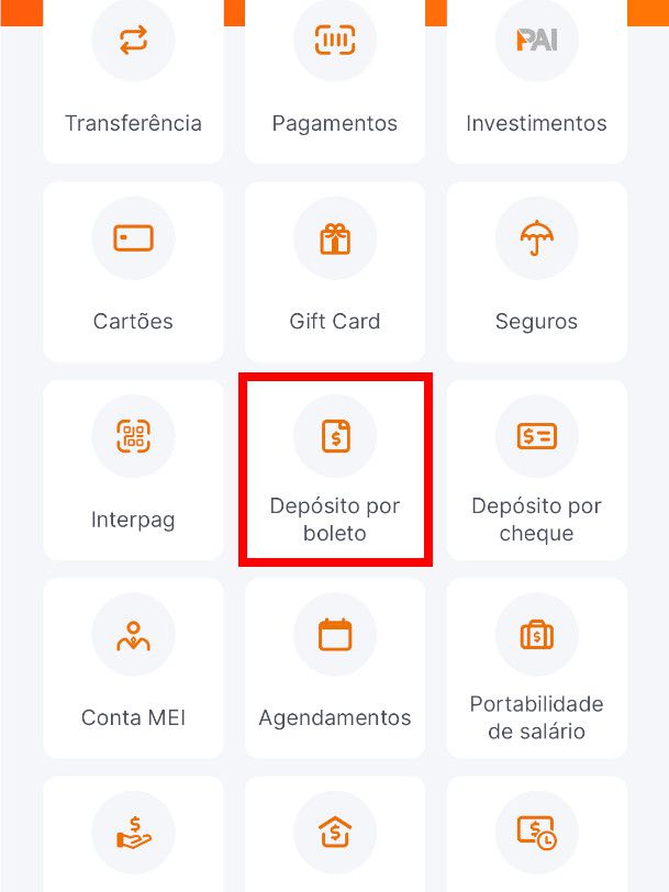 Abra o app do Banco Inter e, na tela inicial, clique em "Depósito por boleto" (Captura de tela: Bruno Salutes)