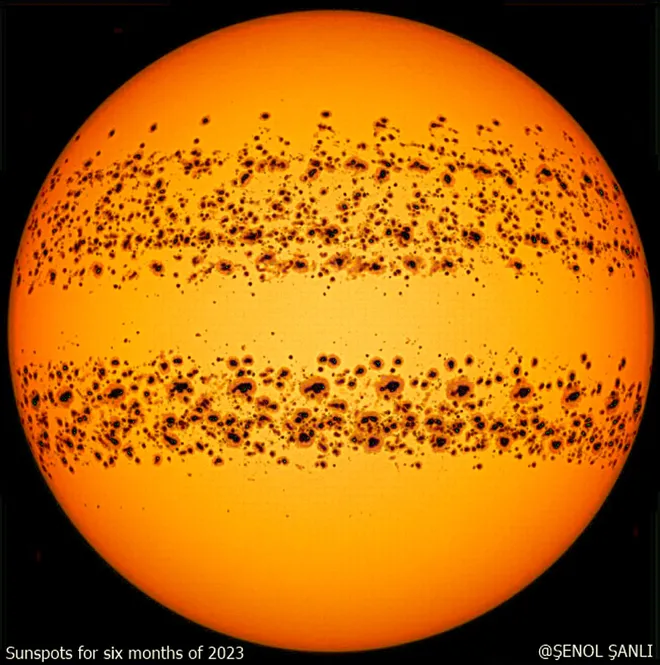 Manchas solares observadas pelo Solar Dynamics (Imagem: Reprodução/NASA, SDO/Şenol Şanlı)