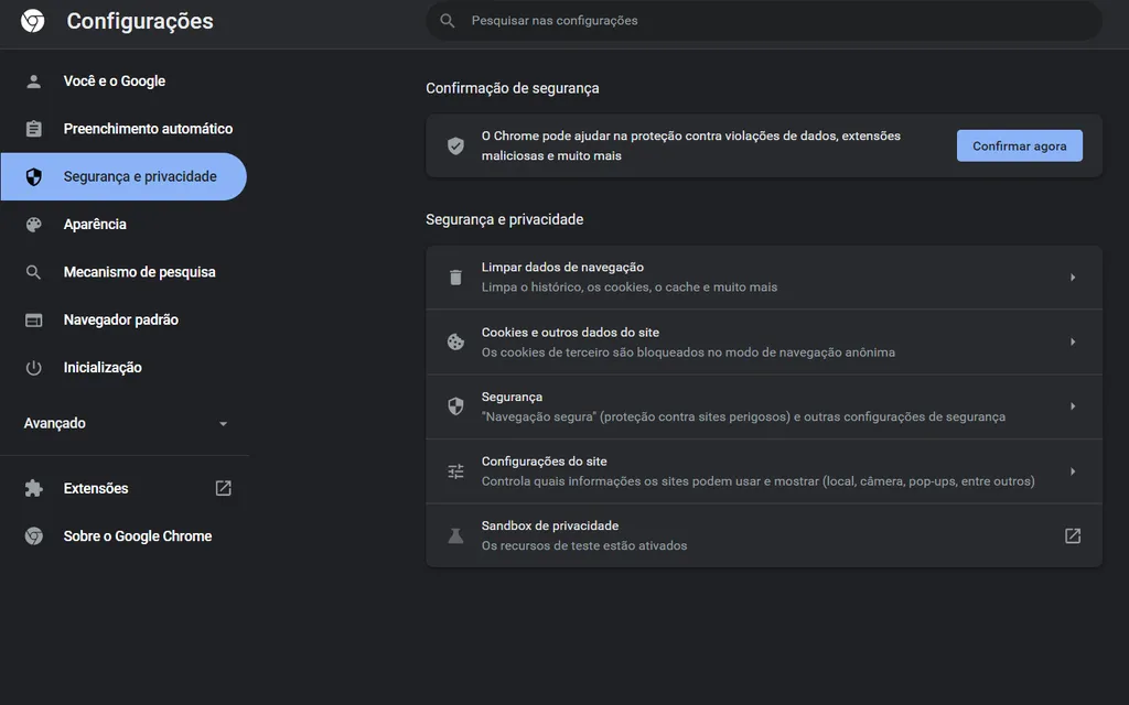 Acesse as configurações do navegador com o comando Chrome://settings (Captura de tela: André Magalhães)