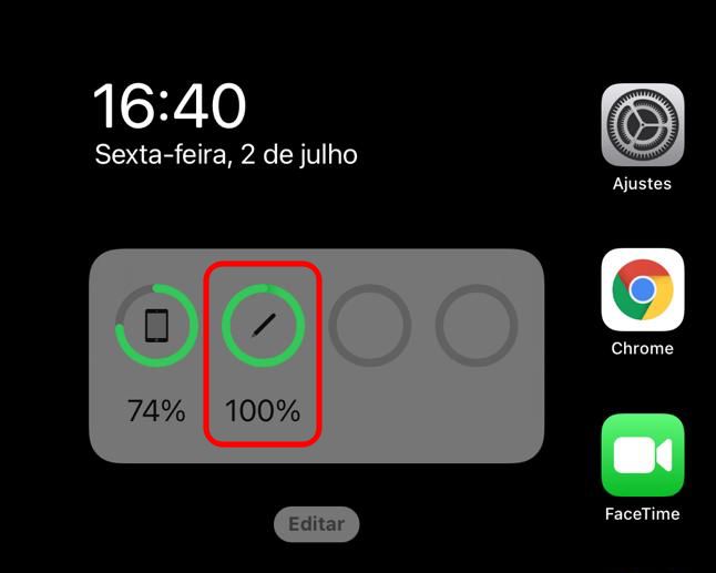 Adicione o widget de baterias para verificar a carga do Apple Pencil de forma mais rápida. Captura de tela: Lucas Wetten (Canaltech)