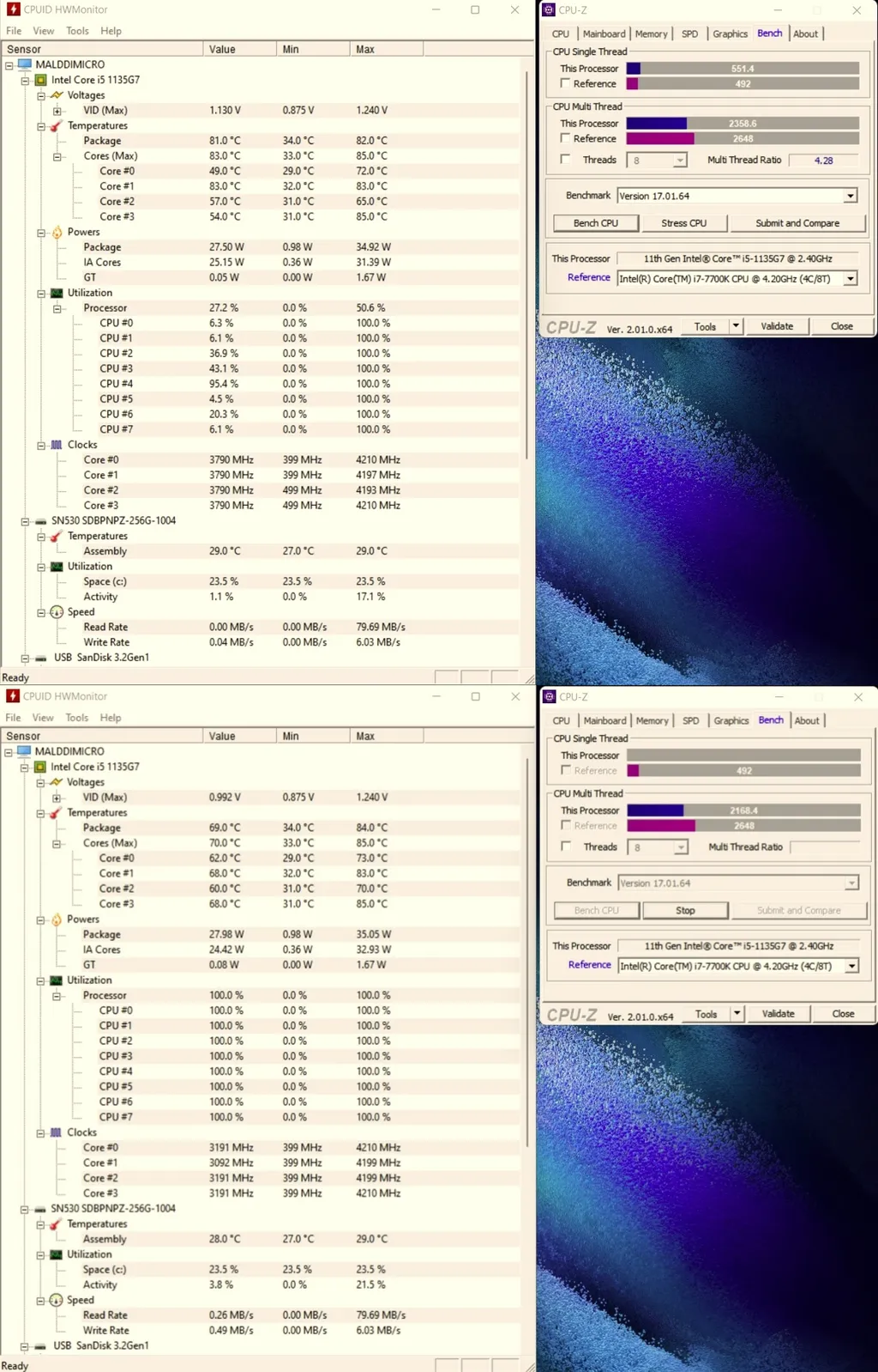 Benchmark (acima) e teste de stress (abaixo) do Samsung Book KH2BR no CPU-Z. (Imagem: Maldditu Xavier/Canaltech)