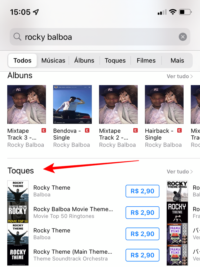 Na busca da iTunes Store, vá para a seção correspondente aos toques para o iOS - Captura de tela: Thiago Furquim (Canaltech)