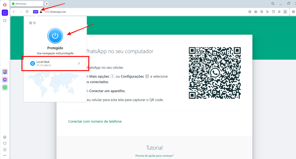 Você pode usar VPN no WhatsApp por meio do recurso nativo do navegador Opera (Imagem: Captura de tela/Fabrício Calixto/Canaltech)
