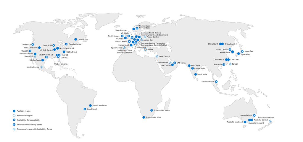 Mapa com os datacenters do Microsoft Azure (Imagem: Microsoft)