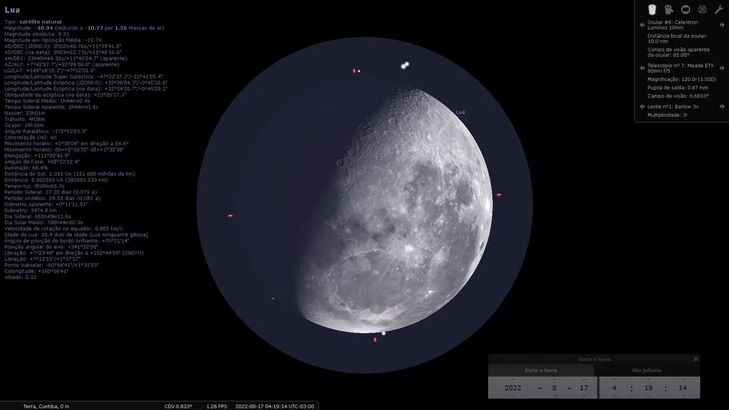 O Stellarium é uma ótima ferramenta para simular como cada tipo de telescópio e suas combinações com as lentes oculares disponíveis "enxergarão" os objetos cósmicos (Imagem: Stellarium)