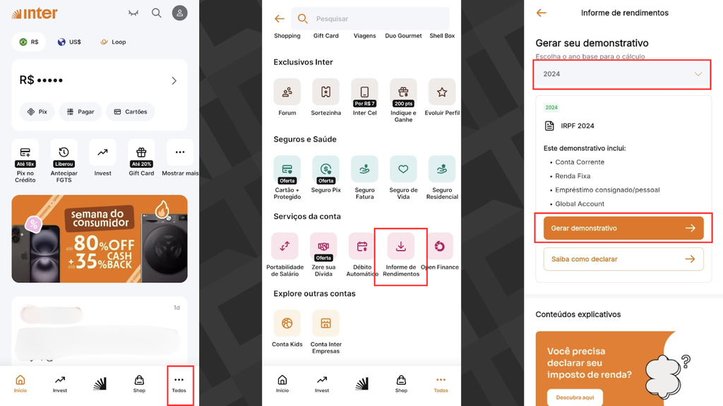 Como acessar o informe de rendimentos do Inter (Imagem: Captura de tela/Bruno De Blasi/Canaltech)