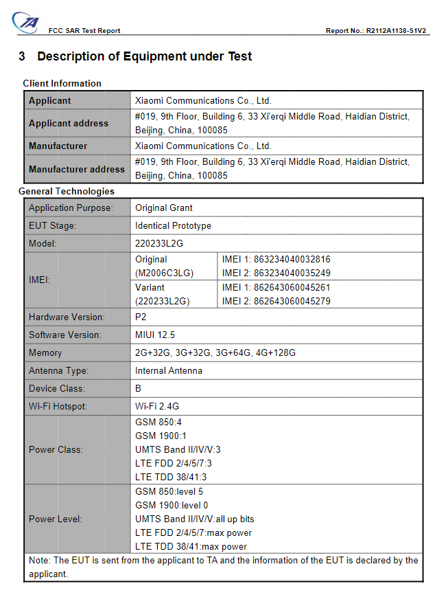 Certificação no FCC mostra opções de memória, software e outros detalhes do Redmi 10A (Imagem: Reprodução/FCC)