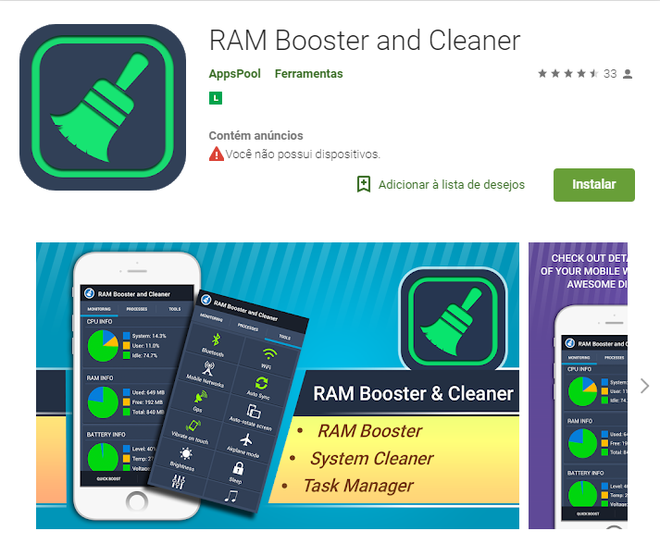 Apps para fazer a limpeza do seu celular: RAM Booster & Cleaner (Captura de tela: Ariane Velasco)