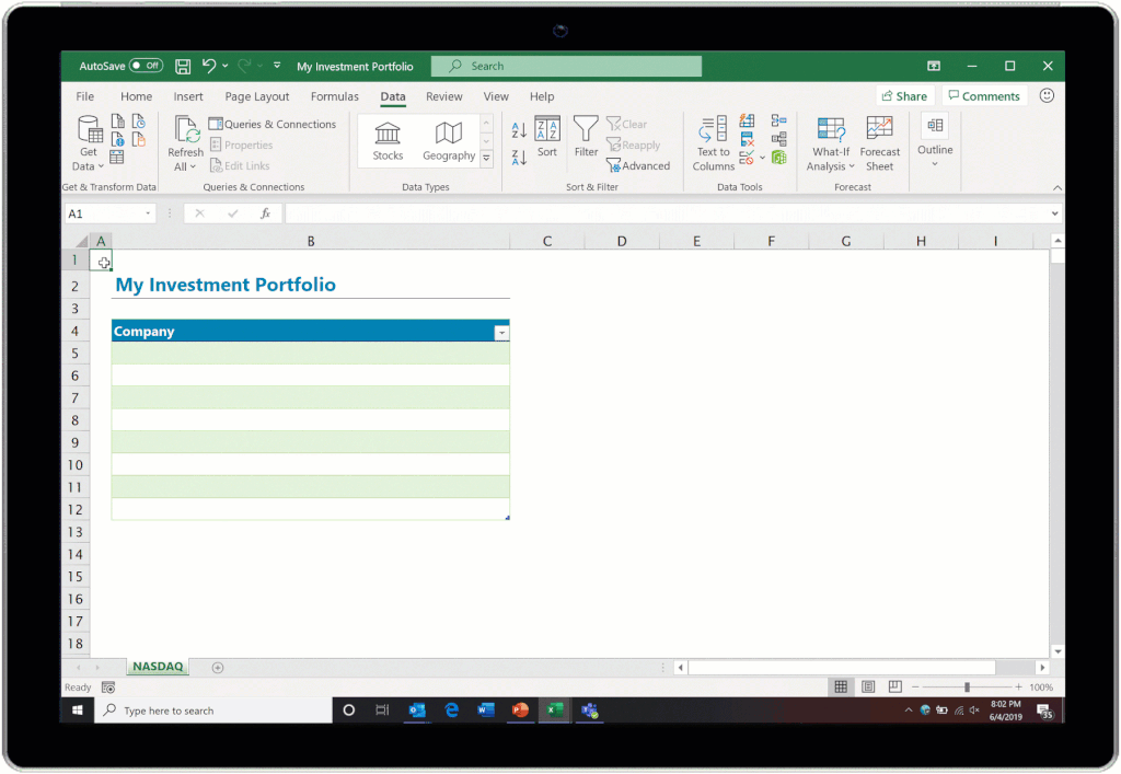 Microsoft Excel, em parceria com a Nasdaq, exibe dados de ações em tempo real