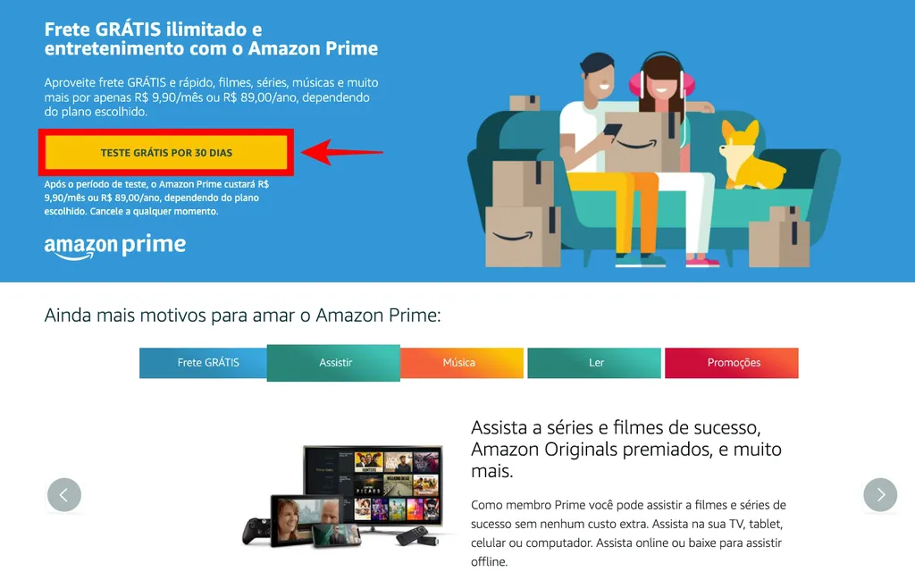 Como assinar o Amazon Prime Video: acesse o site da Amazon para iniciar o teste grátis (Captura de tela: Caio Carvalho)