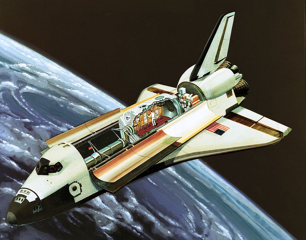 Ilustração do Spacelab dentro do ônibus espacial (Imagem: Reprodução/NASA)