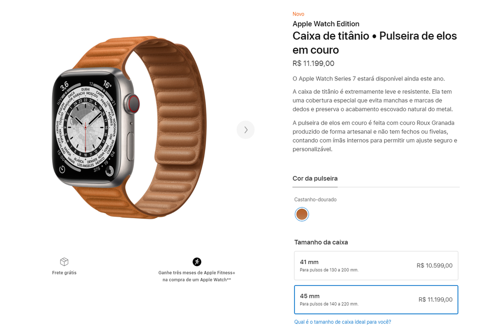 Com caixa em titânio e versão única de GPS + celular, o Apple Watch Series 7 Edition custa a partir de  R$ 10.599 (Imagem: Reprodução/Apple)