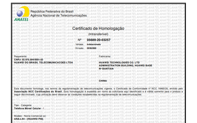 Certificado de homologação do Huawei P40 na Anatel (Foto: Reprodução/Anatel)