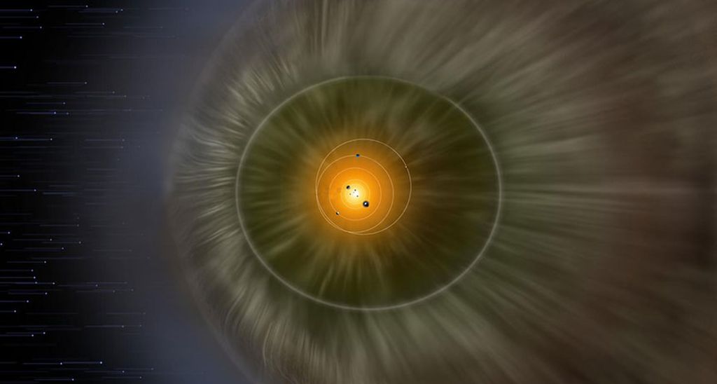 Representação artística de como deve ser o muro de hidrogênio no final do Sistema Solar (Imagem: NASA)