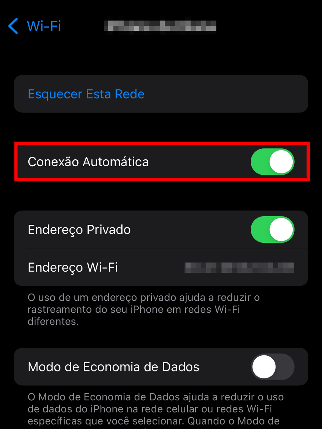 No iOS, a conexão automática precisa ser desligada em cada rede Wi-Fi já reconhecida no aparelho (Captura de tela: Caio Carvalho/Canaltech)