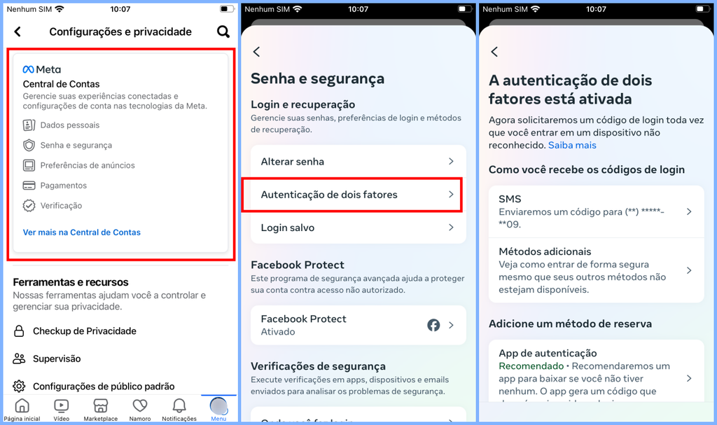 Você pode ativar a autenticação de dois fatores para proteger sua conta do Facebook (Imagem: Captura de tela/Fabrício Calixto/Canaltech)