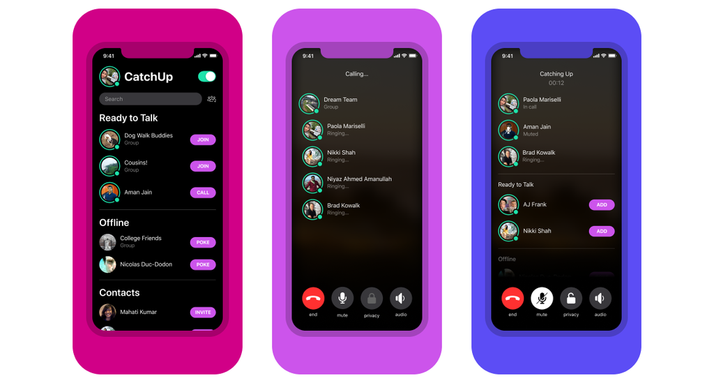 CatchUp tem uma interface simplificada que mostra quais dos seus contatos estão disponíveis para conversar (Foto: Divulgação/Facebook)