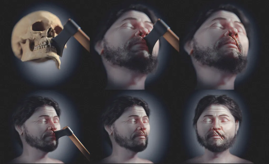 Simulação do rosto do homem após o golpe, com uma especulação de como o machado o teria golpeado (Imagem: Moraes et al./Ortogonline)