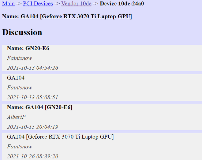 Em um site de banco de dados de identificadores de GPU, o usuário Faintsnow cita a RTX 3070 Ti para laptops (Imagem: PCI Devices DB/VideoCardz)