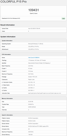 RTX 5060 mobile Geekbench