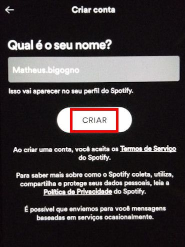 Crie um nome para a sua conta do Spotify e clique em "Criar" (Captura de tela: Matheus Bigogno)