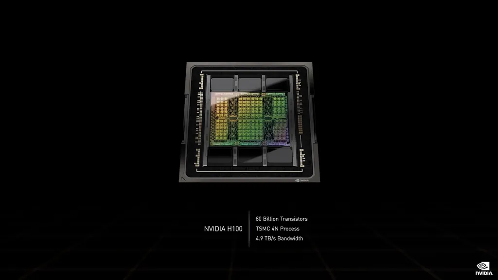 Fabricado pela TSMC no processo customizado 4N de 4 nm, o chip Nvidia GH100 traz 80 bilhões de transistores, com mais de 18 mil núcleos CUDA (Imagem: Nvidia)