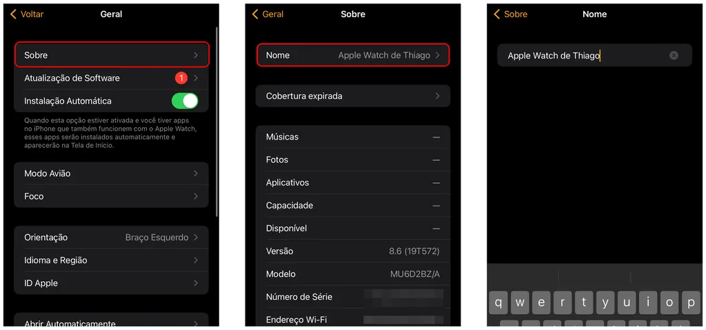Mude o nome do Apple Watch para personalizar a sua identificação (Captura de tela: Thiago Furquim/Canaltech)