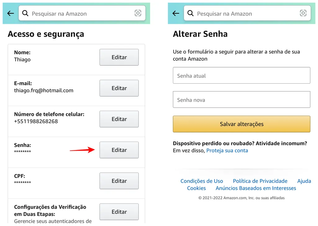 Troque a senha da sua conta no aplicativo da Amazon (Captura de tela: Thiago Furquim/Canaltech)