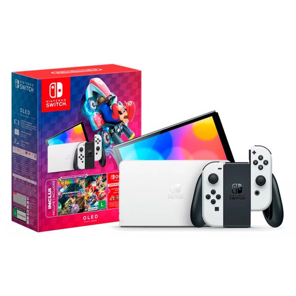 Nintendo Switch OLED, 64 GB + Mario Kart 8 Deluxe + 3 Meses de Assinatura Nintendo Switch Online | ATIVE O CUPOM + LEIA A DESCRIÇÃO