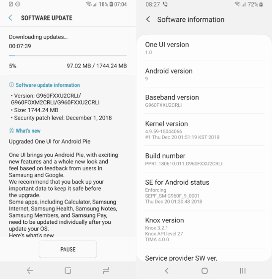 Android 9.0 Pie, nova versão do sistema operacional da Google, já está disponível para o Galaxy S9 e S9+...mas só lá na Europa (Imagem: Reprodução/SamMobile)
