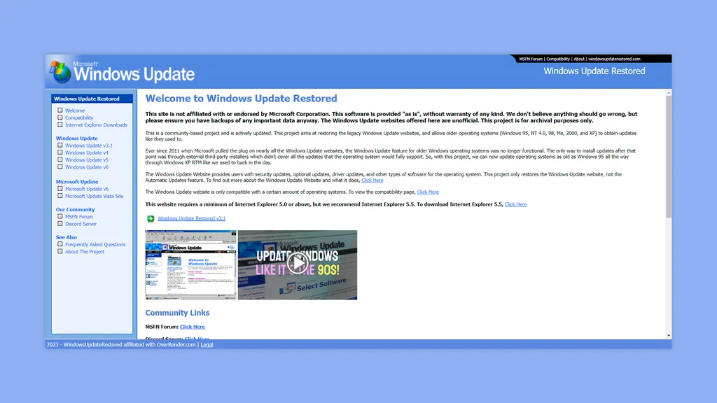 Windows Updated Restored tem vibe Windows XP e promete dar suporte a versões antigas do Windows (Imagem: Reprodução/Windows Restored Update)