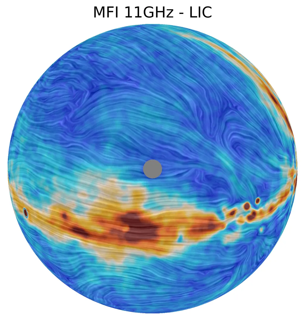 Mapa de emissões de micro-ondas polarizadas; o padrão ondulado representa a direção do campo magnético da Via Láctea (Imagem: Reprodução/QUIJOTE Collaboration)
