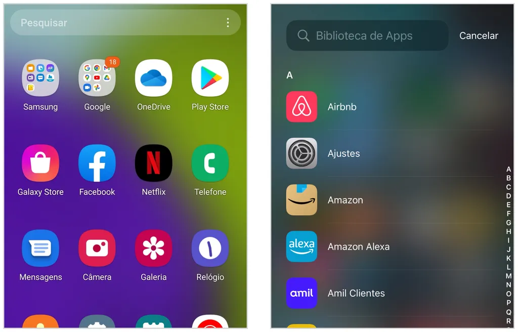 Gaveta de aplicativos (à esquerda) no Android e Biblioteca de Apps (à direita) no iPhone (Captura de tela: Caio Carvalho)