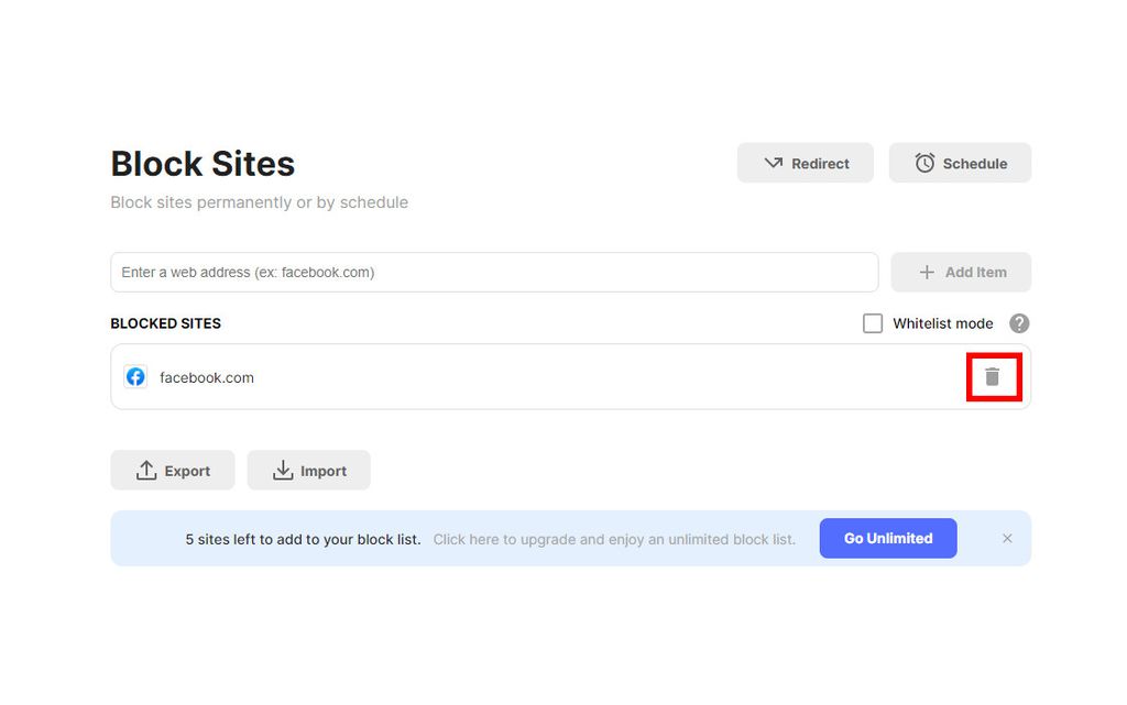Caso queira, remova o Fcebook da lista de sites bloqueados (Captura de tela: Matheus Bigogno)