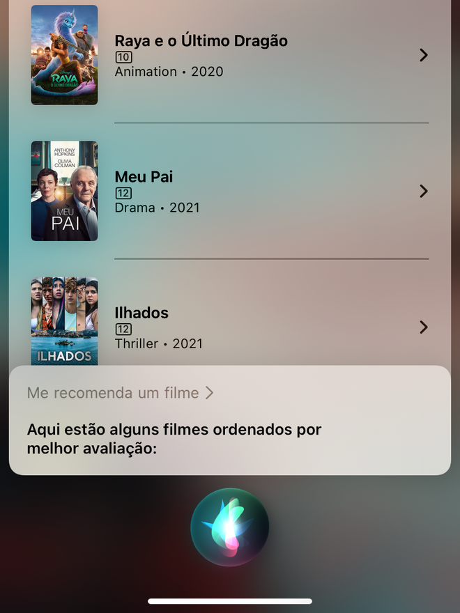 Confira as recomendações de filmes da Siri. Captura de tela: Lucas Wetten (Canaltech)