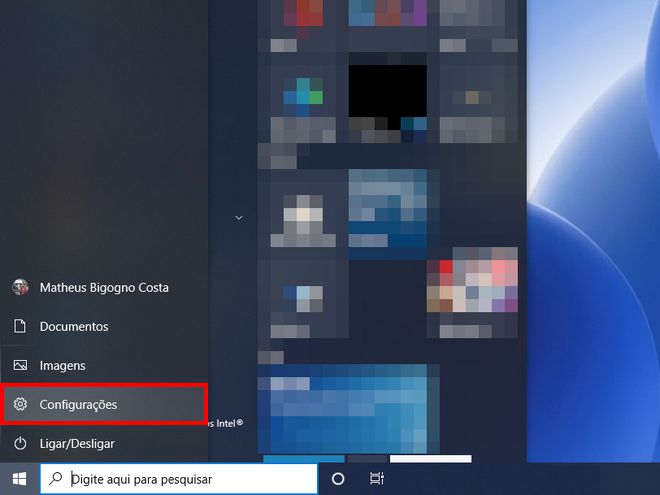 Abra o menu "Iniciar" do Windows 10 e clique em "Configurações" (Captura de tela: Matheus Bigogno)