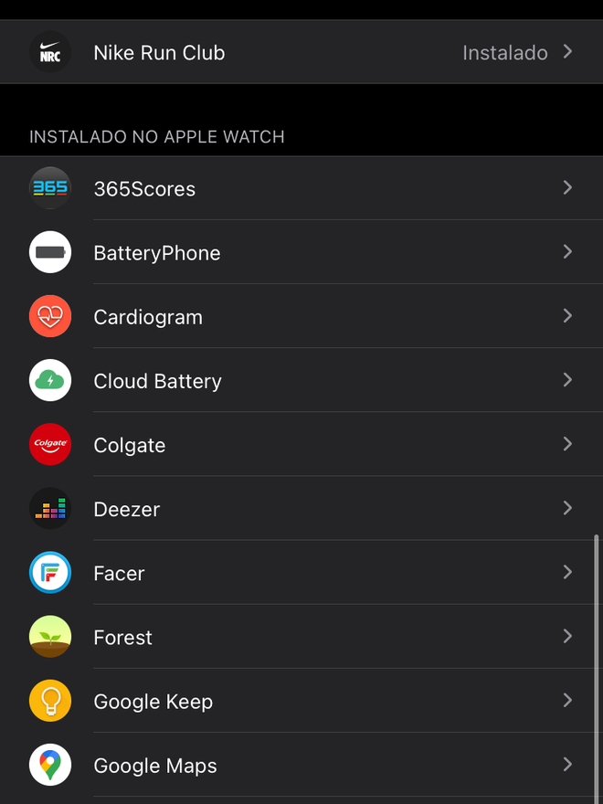 Desça a tela para encontrar os apps instalados em seu relógio. Captura de tela: Lucas Wetten (Canaltech)