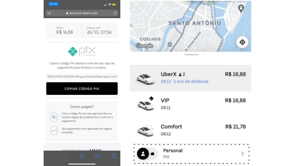 A página de pagamento com código de transferência (à esquerda) é aberta no navegador após a solicitação da corrida (à direita) (Imagem: Reprodução/Uber)