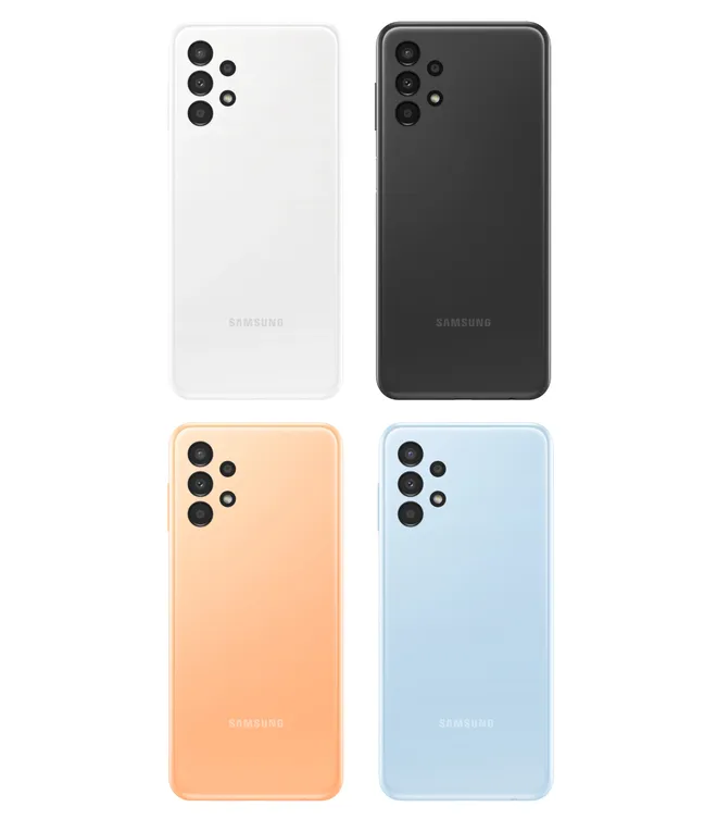 Galaxy A13 terá câmeras alinhadas à traseira e quatro cores (Imagem: Reprodução/Samsung)