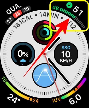 O ícone da complicação do app Ruído indica um nível OK de som. Captura de tela: Lucas Wetten (Canaltech)