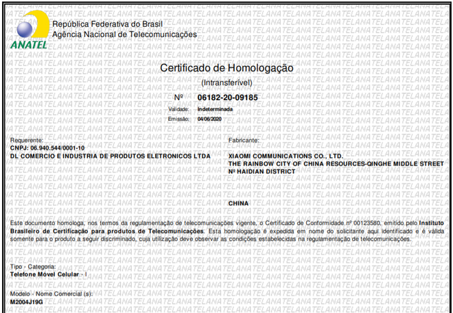 Certificação do Redmi 9 na Anatel (Imagem: Reprodução/Anatel)