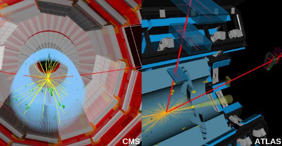 Ilustrações do bóson de Higgs decaindo em múons, representados em vermelho (Imagem: CERN)