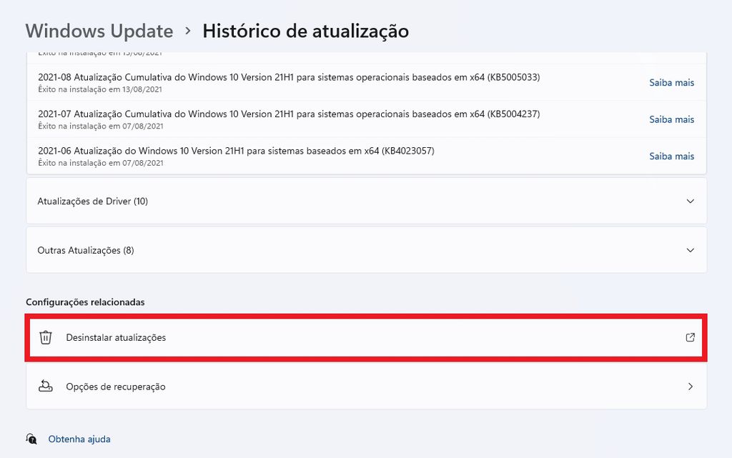 Windows 10 e 11 permitem remover atualizações de software no computador (Captura de tela: Matheus Bigogno)