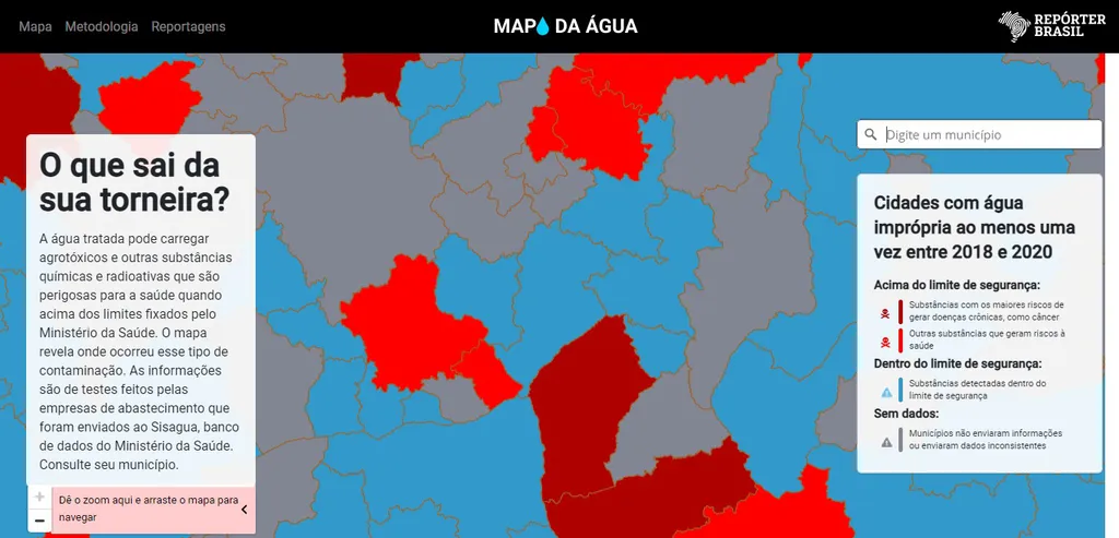 Levantamento descobre que 763 municípios distribuíram água na torneira com produtos químicos ou radiativos (Imagem: Reprodução/Mapa da Água/Repórter do Brasil)