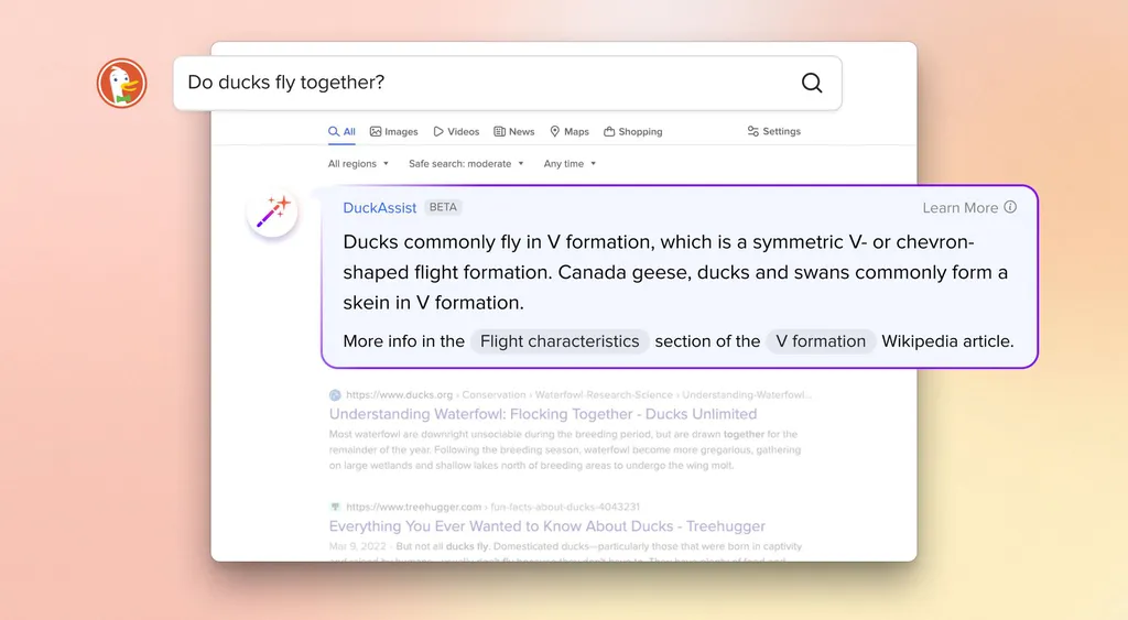 O DuckDuckGo usa tecnologia da OpenAI e da Anthropic para responder perguntas de forma resumida com conhecimento da Wikipédia (Imagem: Reprodução/DuckDuckGo)