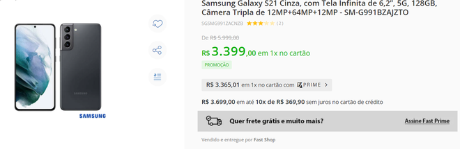 Captura de tela com o preço do Galaxy S21