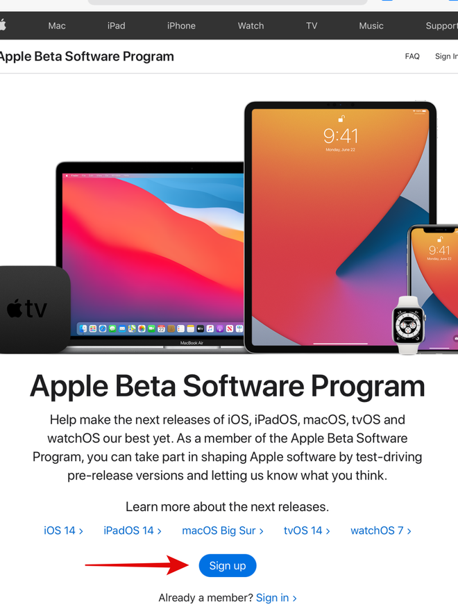 Toque em "Sign up" para fazer a inscrição do "Apple Beta Software Program" - Captura de tela: Thiago Furquim (Canaltech)