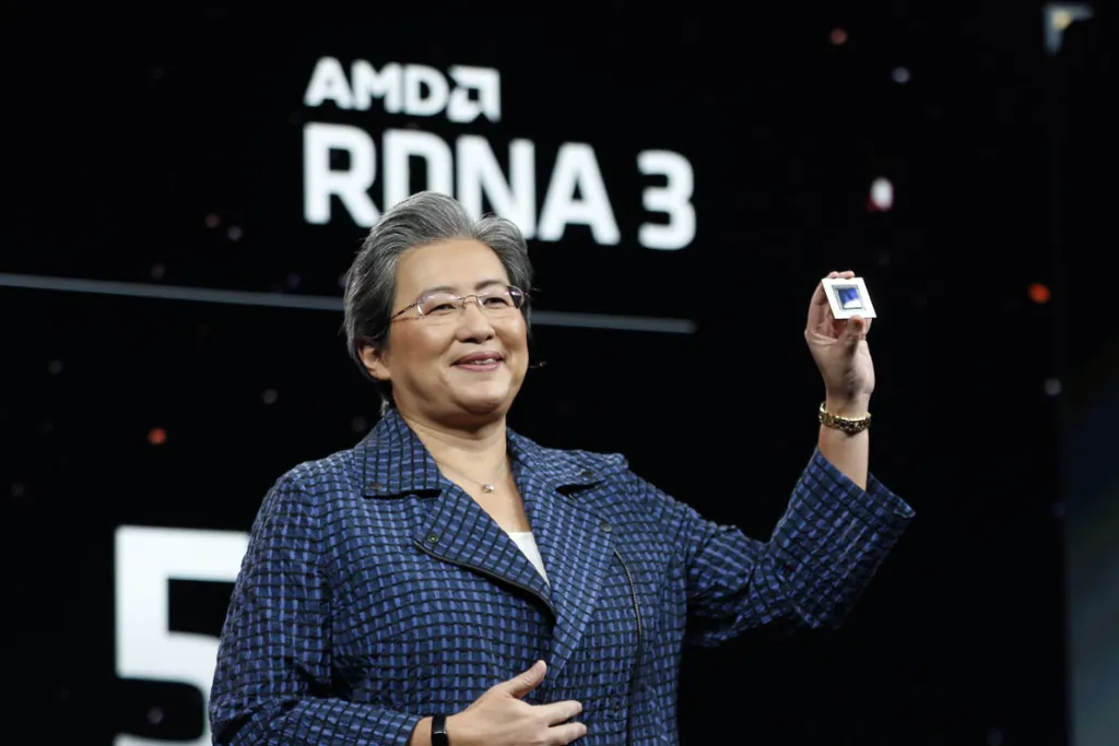 Dra Lisa Su exibe a GPU AMD Radeon RX 7900 XTX com RDNA 3 - Fonte da imagem: Divulgação/AMD