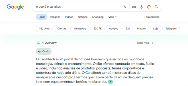 Exemplo de resumo com IA na Busca do Google (Imagem: Captura de tela/Guilherme Haas/Canaltech)