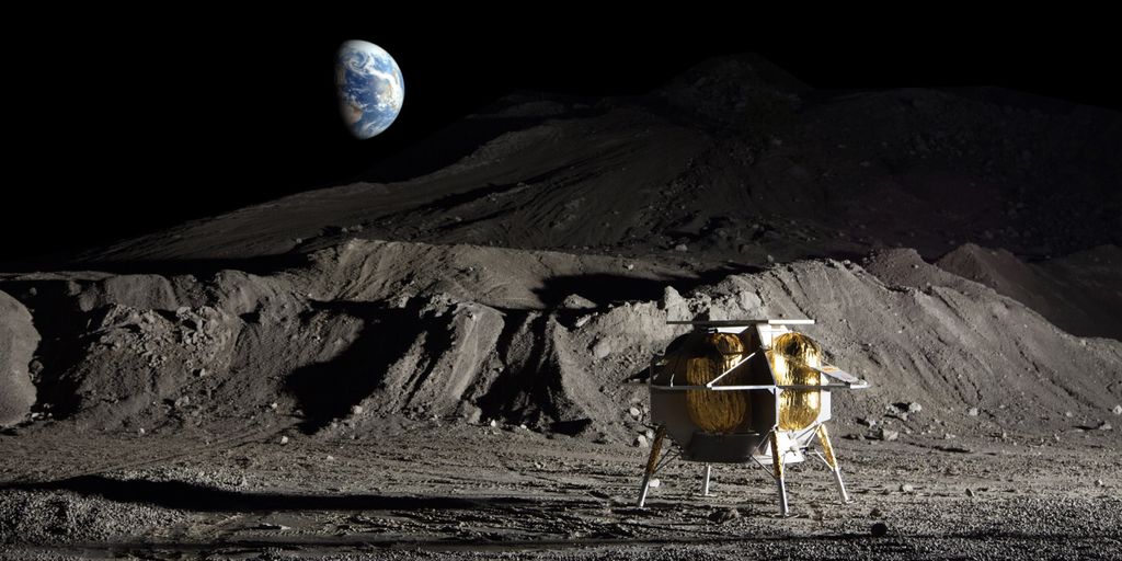 Ilustração do Peregrine em Lacus Mortis, na Lua (Imagem: Reprodução/Astrobotic Technology)